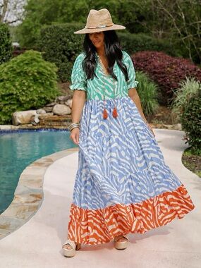 Briton Court Tiered Maxi Dress XS | Colorblock Zebra Print | 100% Cotton | Boho